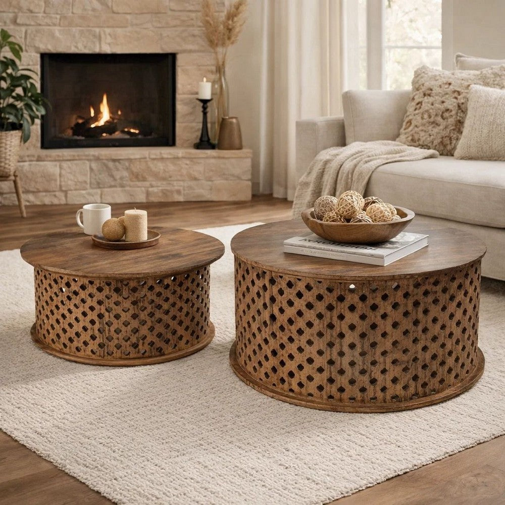 Benjara 35, 34 Inch Coffee Table Set of 2, Mango Wood Lattice Design, Brown