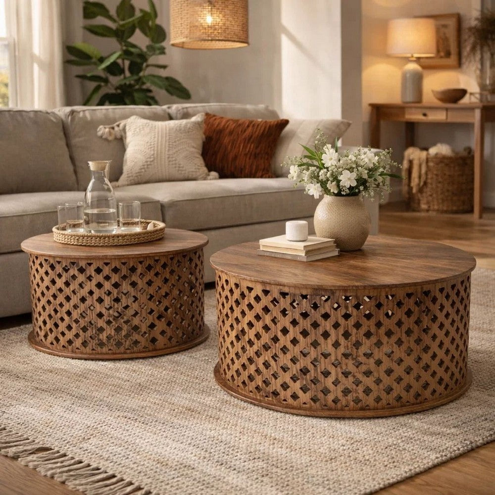 Benjara 35, 34 Inch Coffee Table Set of 2, Mango Wood Lattice Design, Brown
