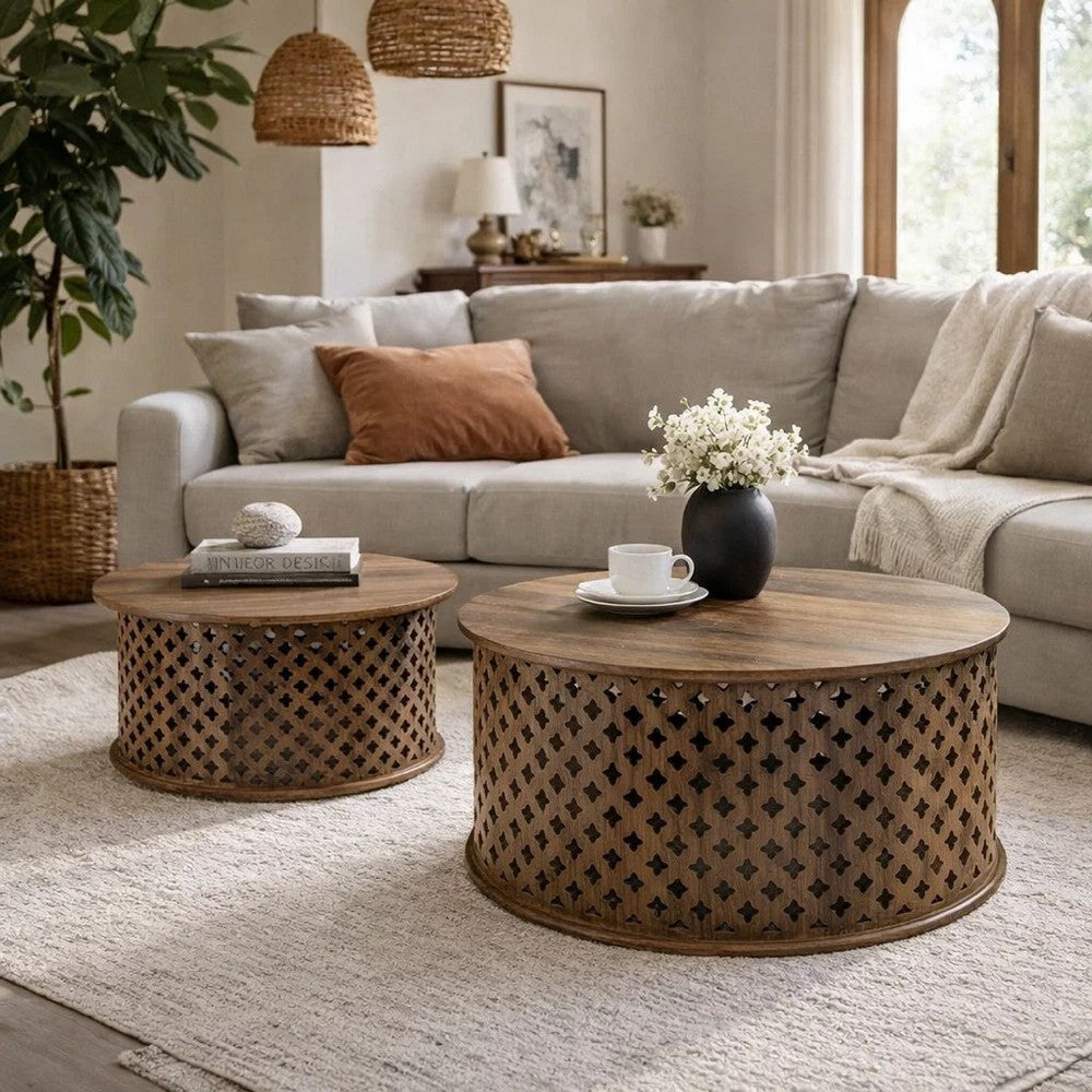 Benjara 35, 34 Inch Coffee Table Set of 2, Mango Wood Lattice Design, Brown