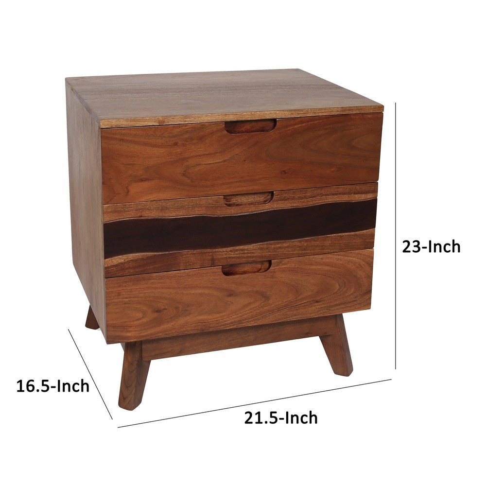 Benjara 23 Inch Nightstand Side Table, Live Edge Acacia Wood, 3 Drawers, Brown