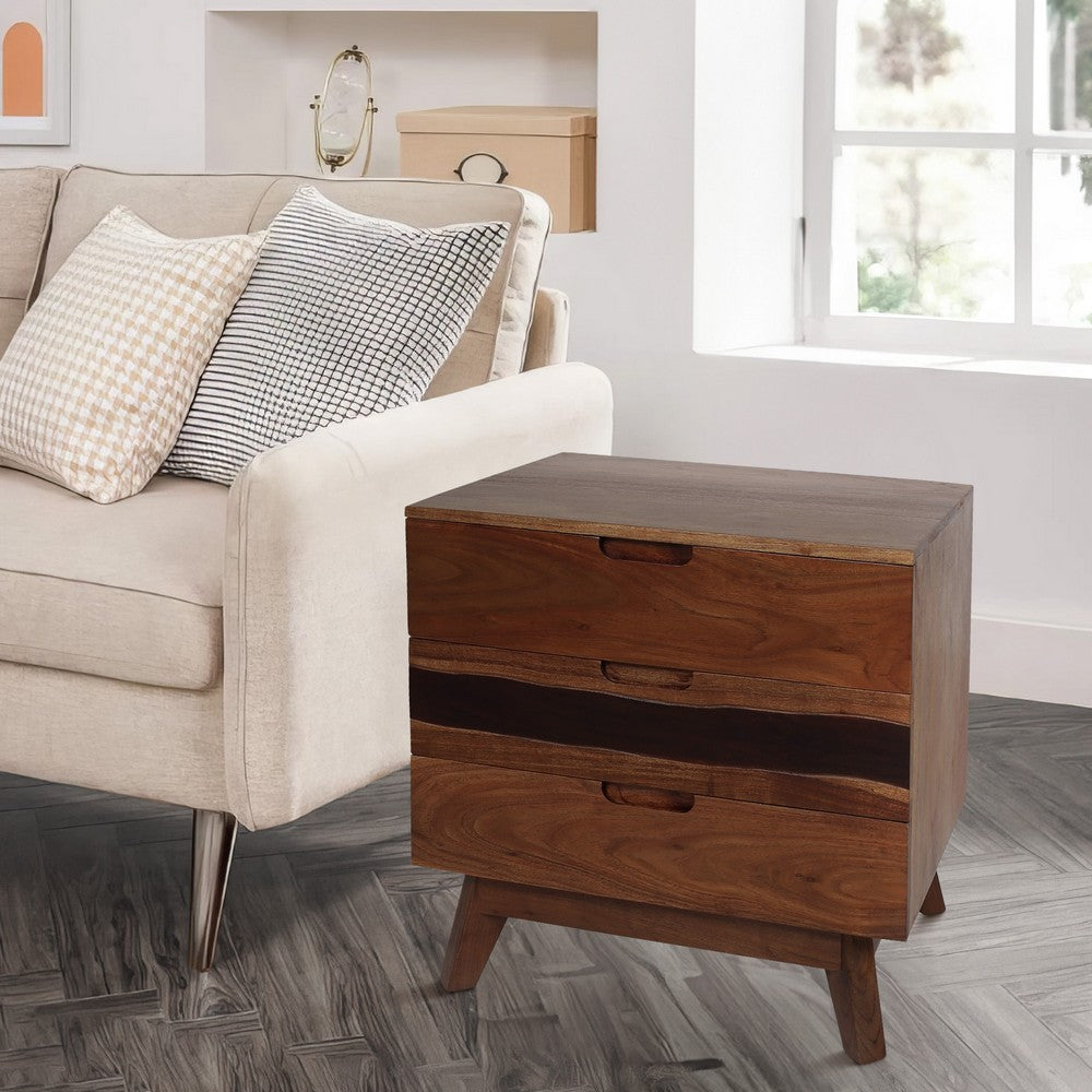 Benjara 23 Inch Nightstand Side Table, Live Edge Acacia Wood, 3 Drawers, Brown