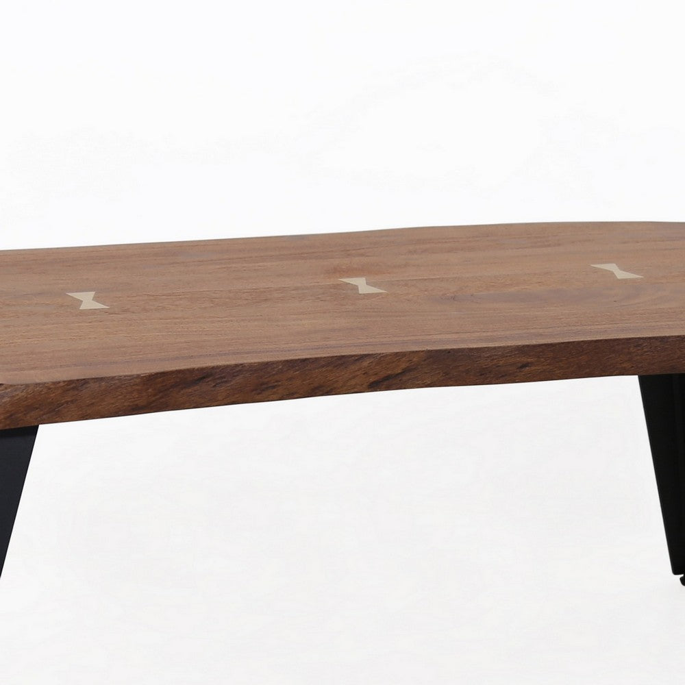 Benjara 47 Inch Coffee Table, Live Edge Acacia Wood with Iron Legs, Brown, Black
