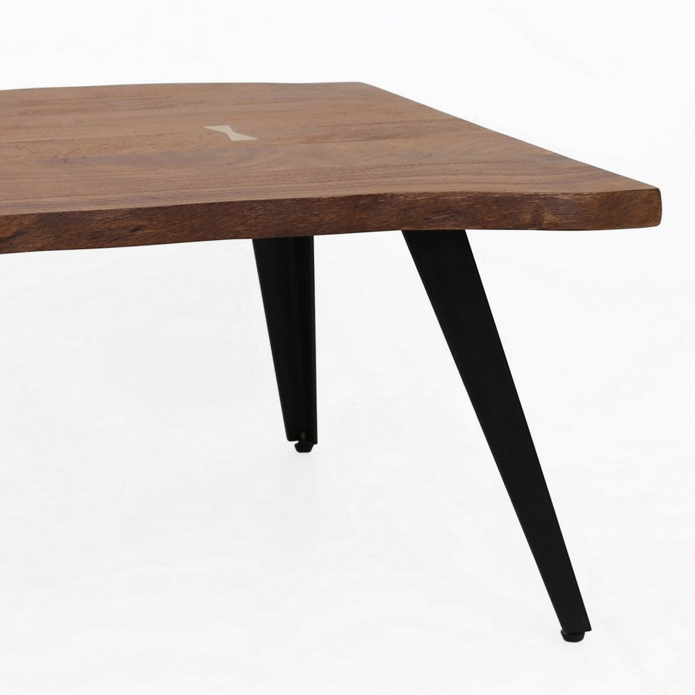 Benjara 47 Inch Coffee Table, Live Edge Acacia Wood with Iron Legs, Brown, Black