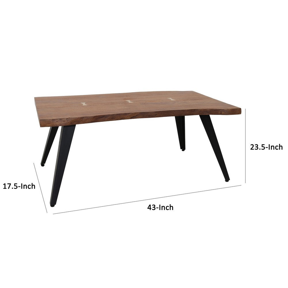 Benjara 47 Inch Coffee Table, Live Edge Acacia Wood with Iron Legs, Brown, Black