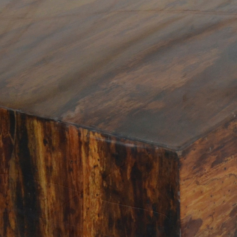 Benjara 32 Inch Rustic Coffee Table, Teak Wood Plinth Base, Grain Details, Brown