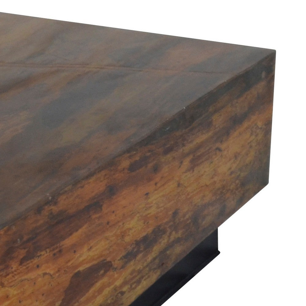 Benjara 32 Inch Rustic Coffee Table, Teak Wood Plinth Base, Grain Details, Brown