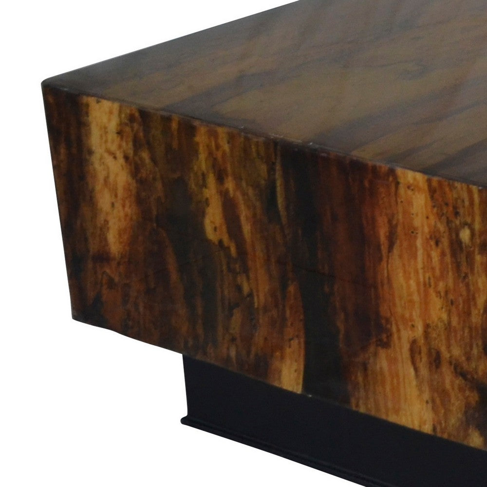 Benjara 32 Inch Rustic Coffee Table, Teak Wood Plinth Base, Grain Details, Brown