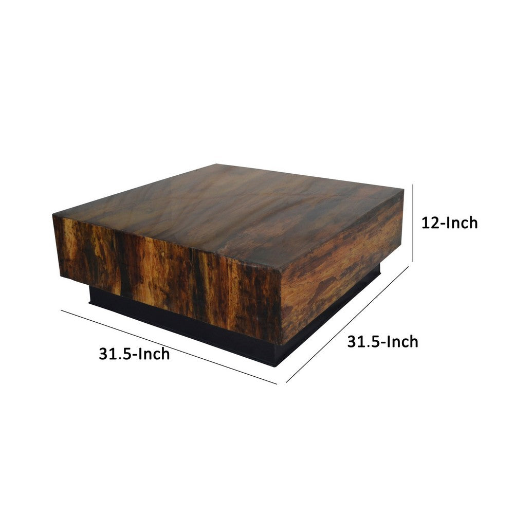 Benjara 32 Inch Rustic Coffee Table, Teak Wood Plinth Base, Grain Details, Brown