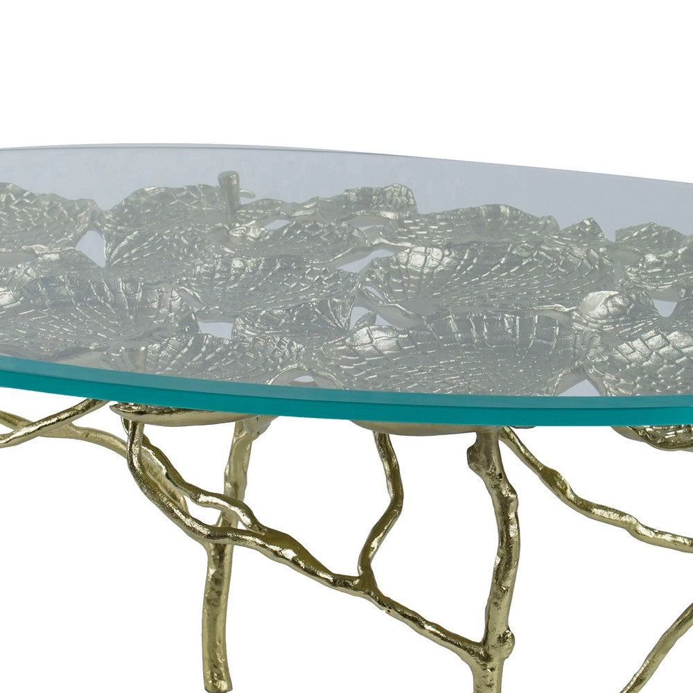 Benjara 47 Inch Artisanal Coffee Table with Metal Frame, Oval Clear Glass Top, Gold