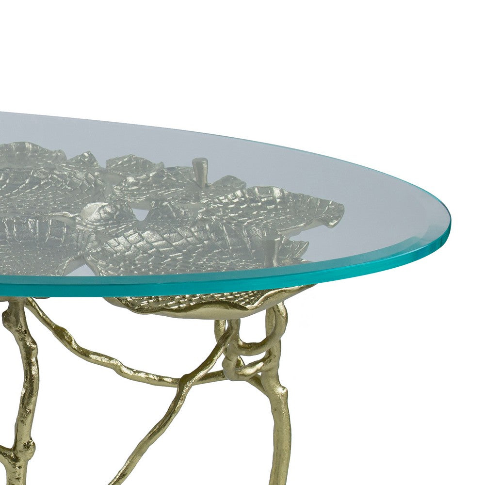 Benjara 47 Inch Artisanal Coffee Table with Metal Frame, Oval Clear Glass Top, Gold