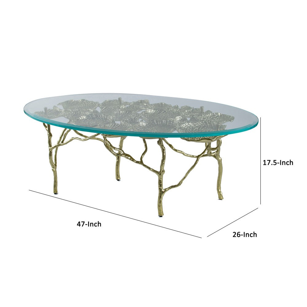 Benjara 47 Inch Artisanal Coffee Table with Metal Frame, Oval Clear Glass Top, Gold