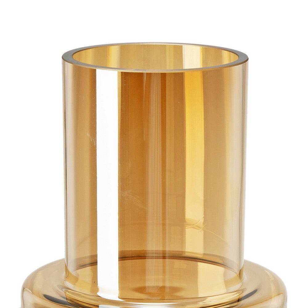 Benjara Alma 14 Inch Modern Vase, Geometric Design, Amber Luster Glass Frame