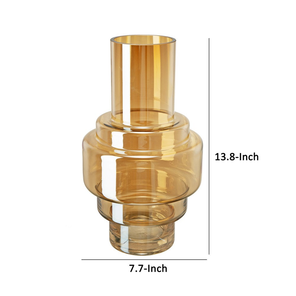 Benjara Alma 14 Inch Modern Vase, Geometric Design, Amber Luster Glass Frame
