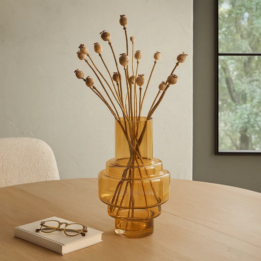 Benjara Alma 14 Inch Modern Vase, Geometric Design, Amber Luster Glass Frame