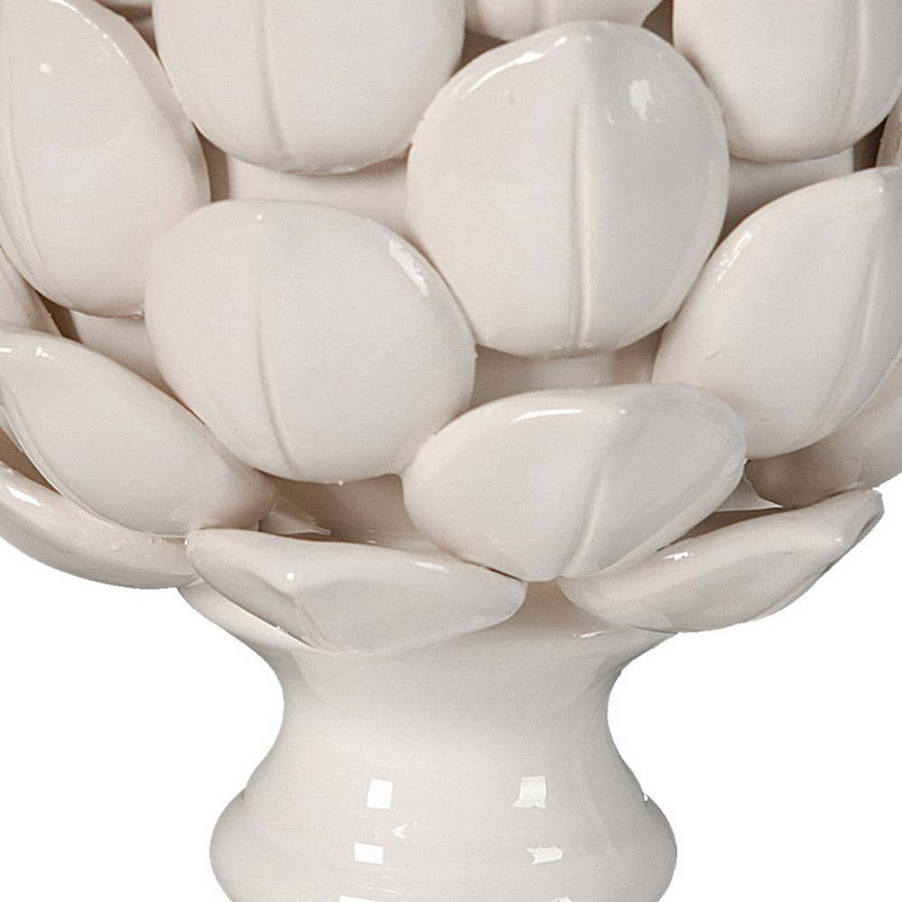 Benjara 10 Inch Artichoke Accent Decor, Standing Turned Pedestal, White Ceramic