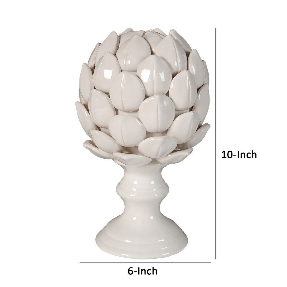 Benjara 10 Inch Artichoke Accent Decor, Standing Turned Pedestal, White Ceramic