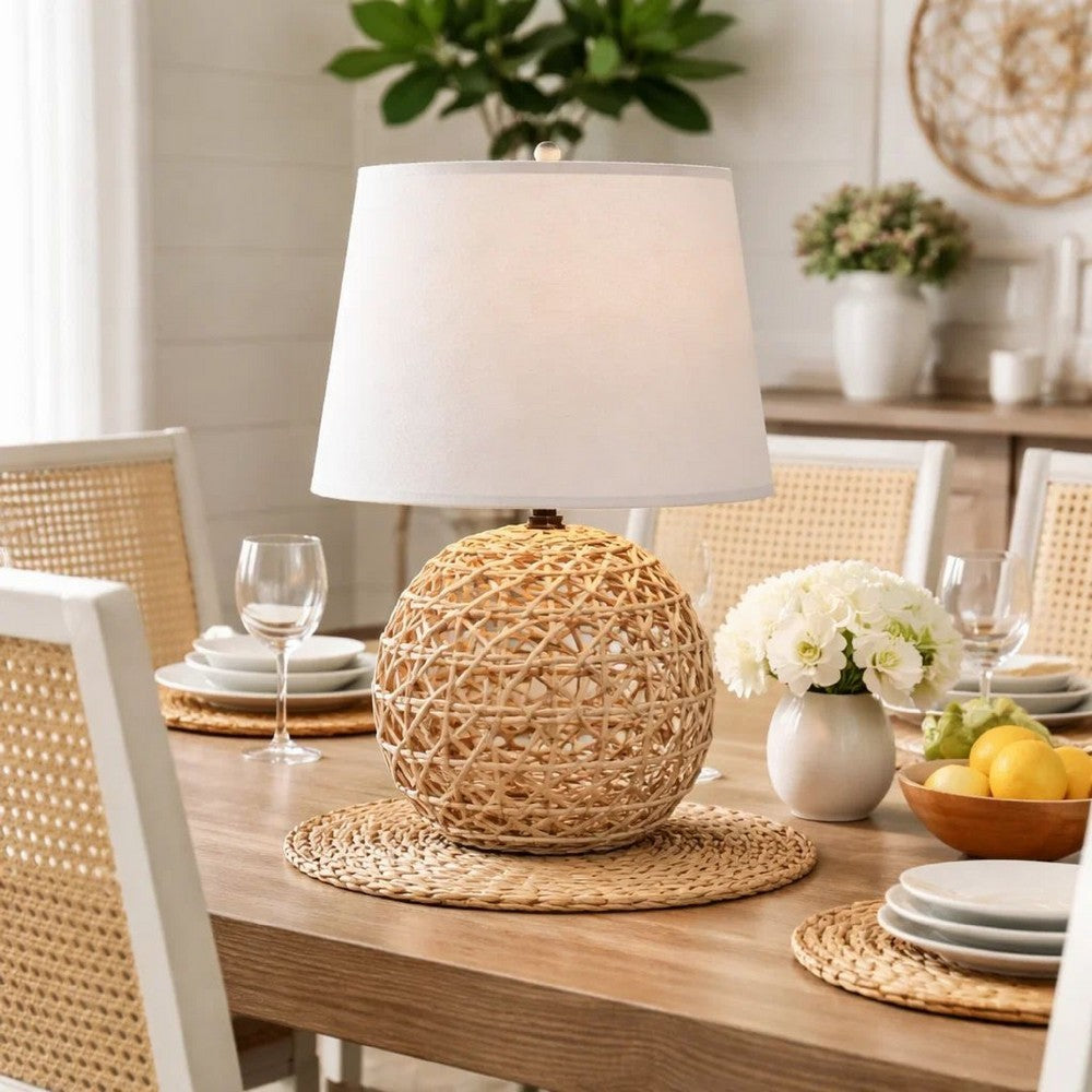Benjara 25 Inch Table Lamp, Elegant Handwoven Rope Base, Linen Shade, Natural Brown