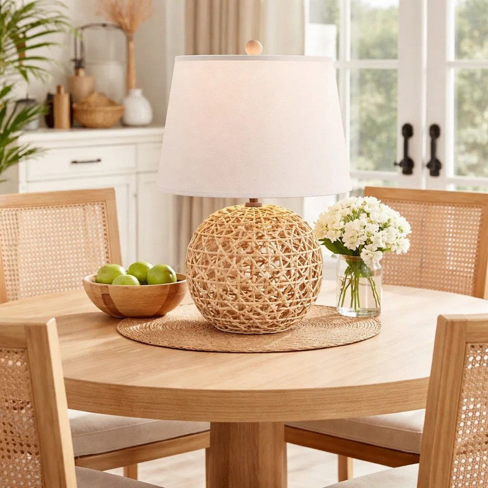 Benjara 25 Inch Table Lamp, Elegant Handwoven Rope Base, Linen Shade, Natural Brown