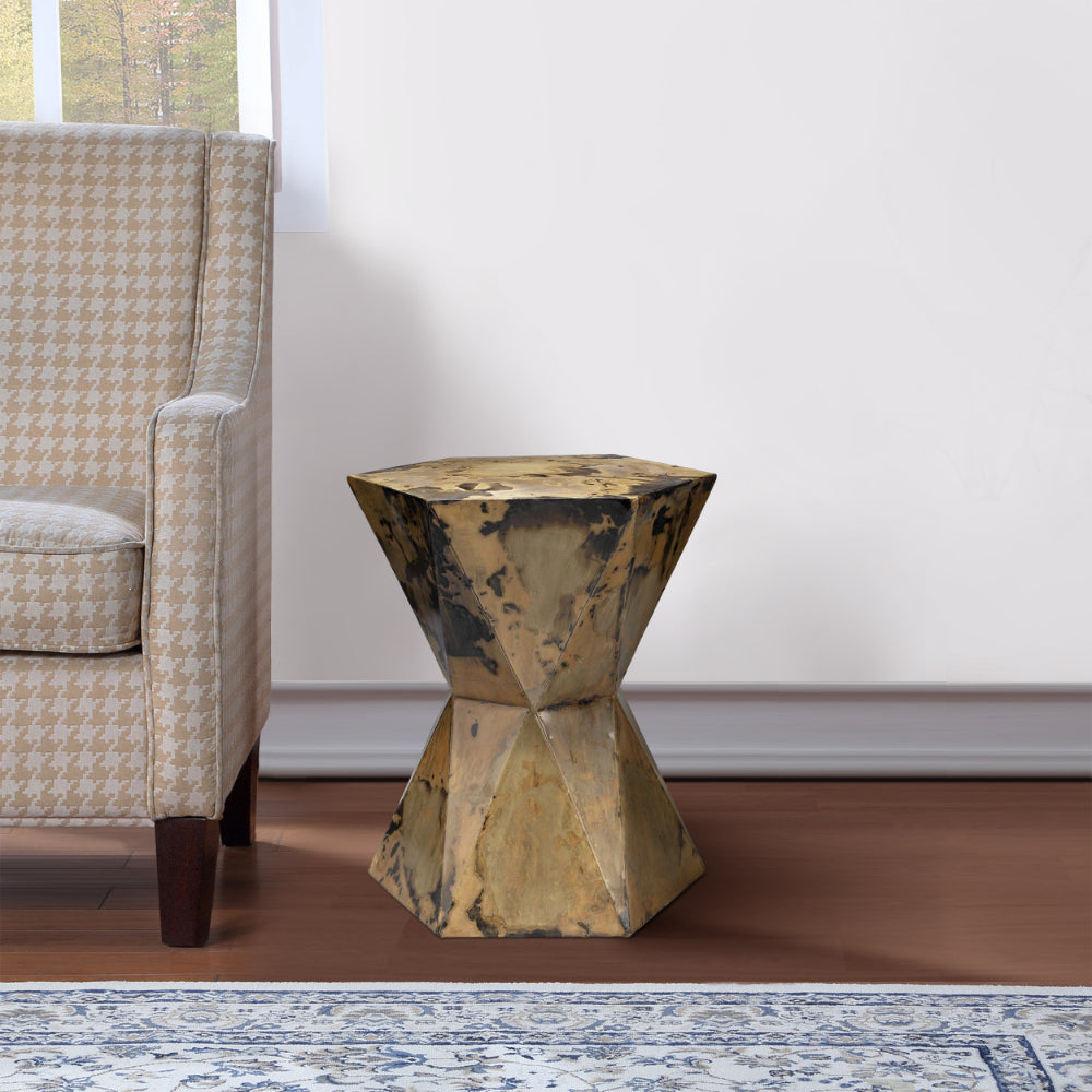 Benjara 19 Inch Modern Side End Table, Hourglass Shape, Iron Patina Finish, Gold