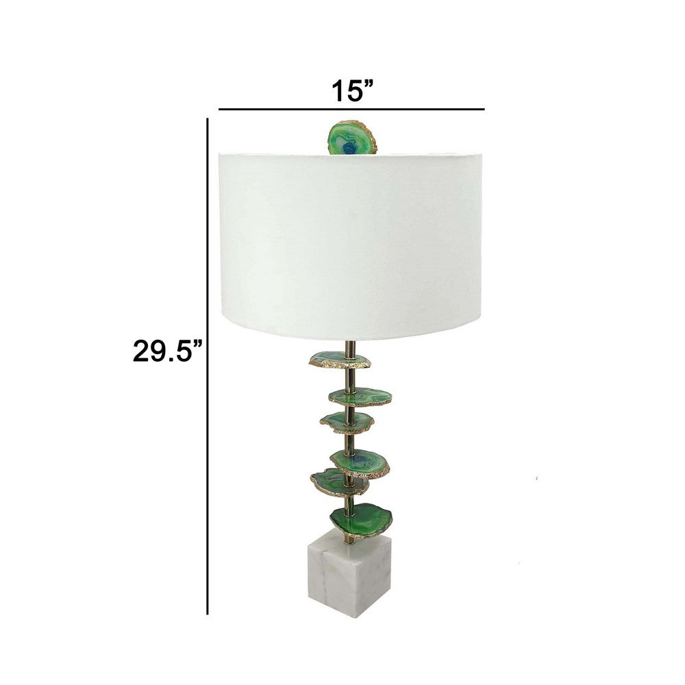 Benjara Parks 30 Inch Table Lamp With Agate Slices And Linen Drum Shade, White