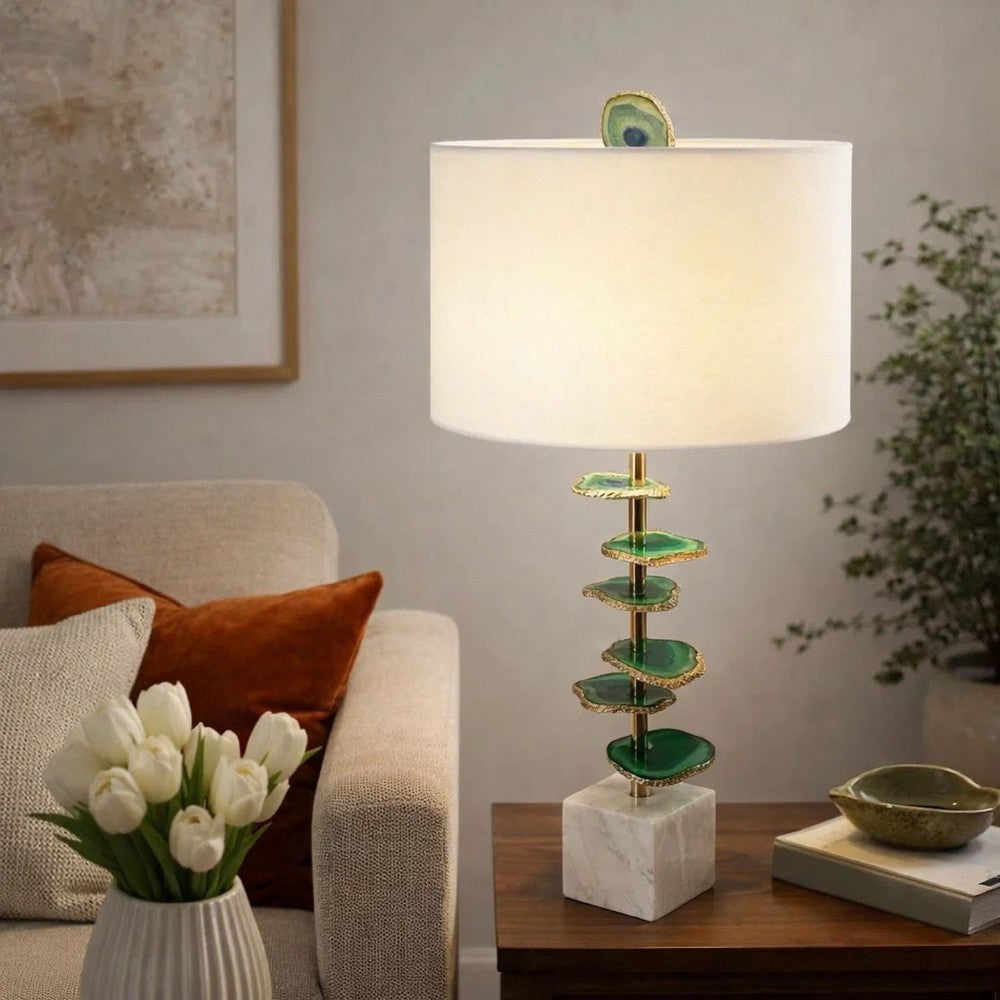 Benjara Parks 30 Inch Table Lamp With Agate Slices And Linen Drum Shade, White