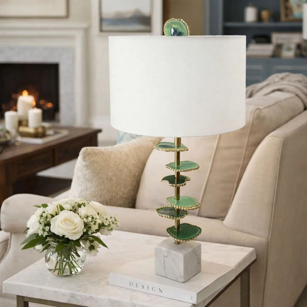 Benjara Parks 30 Inch Table Lamp With Agate Slices And Linen Drum Shade, White