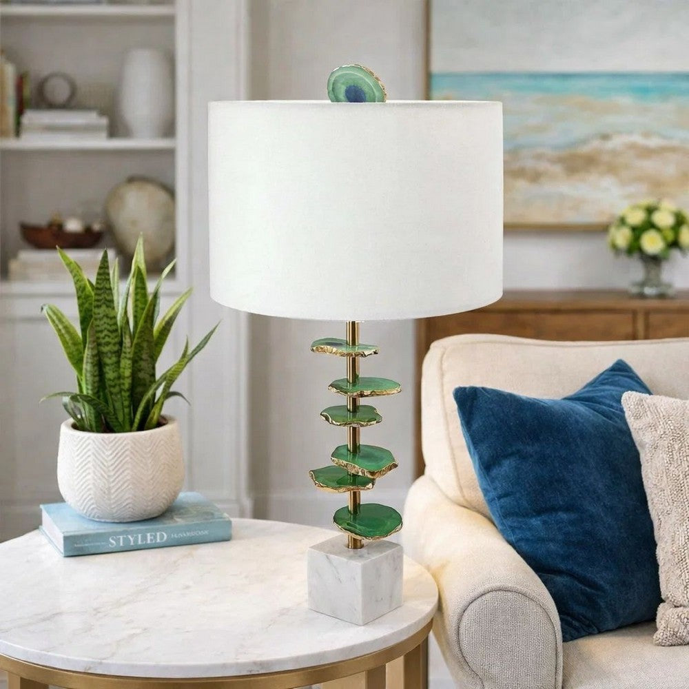 Benjara Parks 30 Inch Table Lamp With Agate Slices And Linen Drum Shade, White