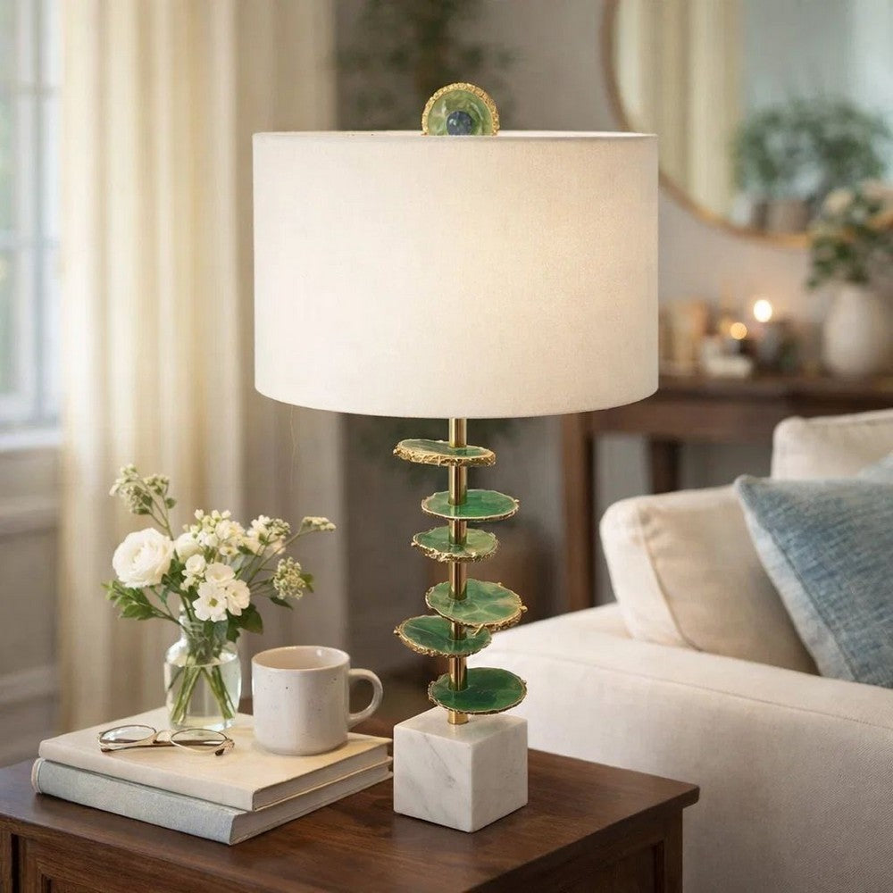 Benjara Parks 30 Inch Table Lamp With Agate Slices And Linen Drum Shade, White