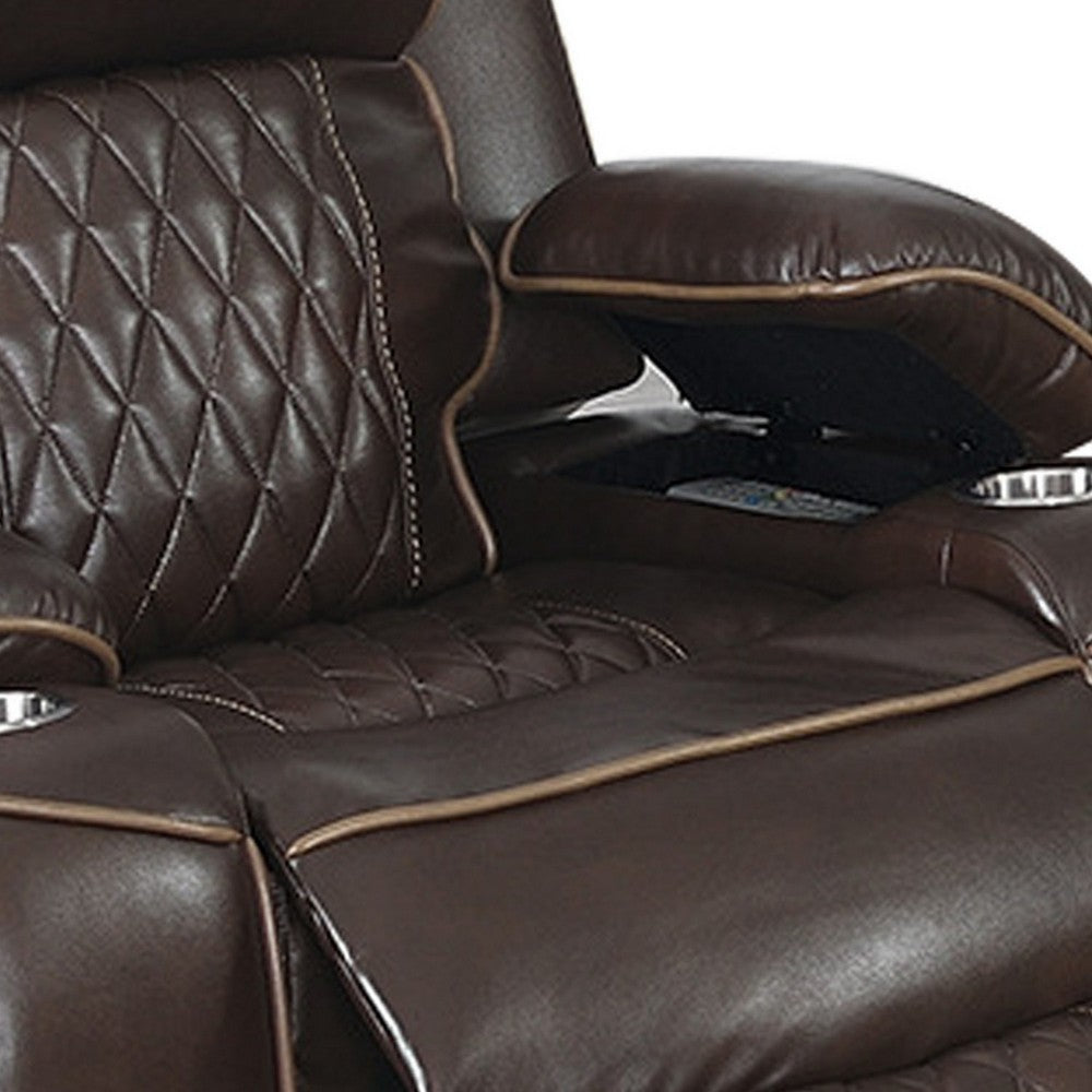 Benjara Xiu 38 Inch Power Recliner Chair, USB Port, Storage, Faux Leather, Brown