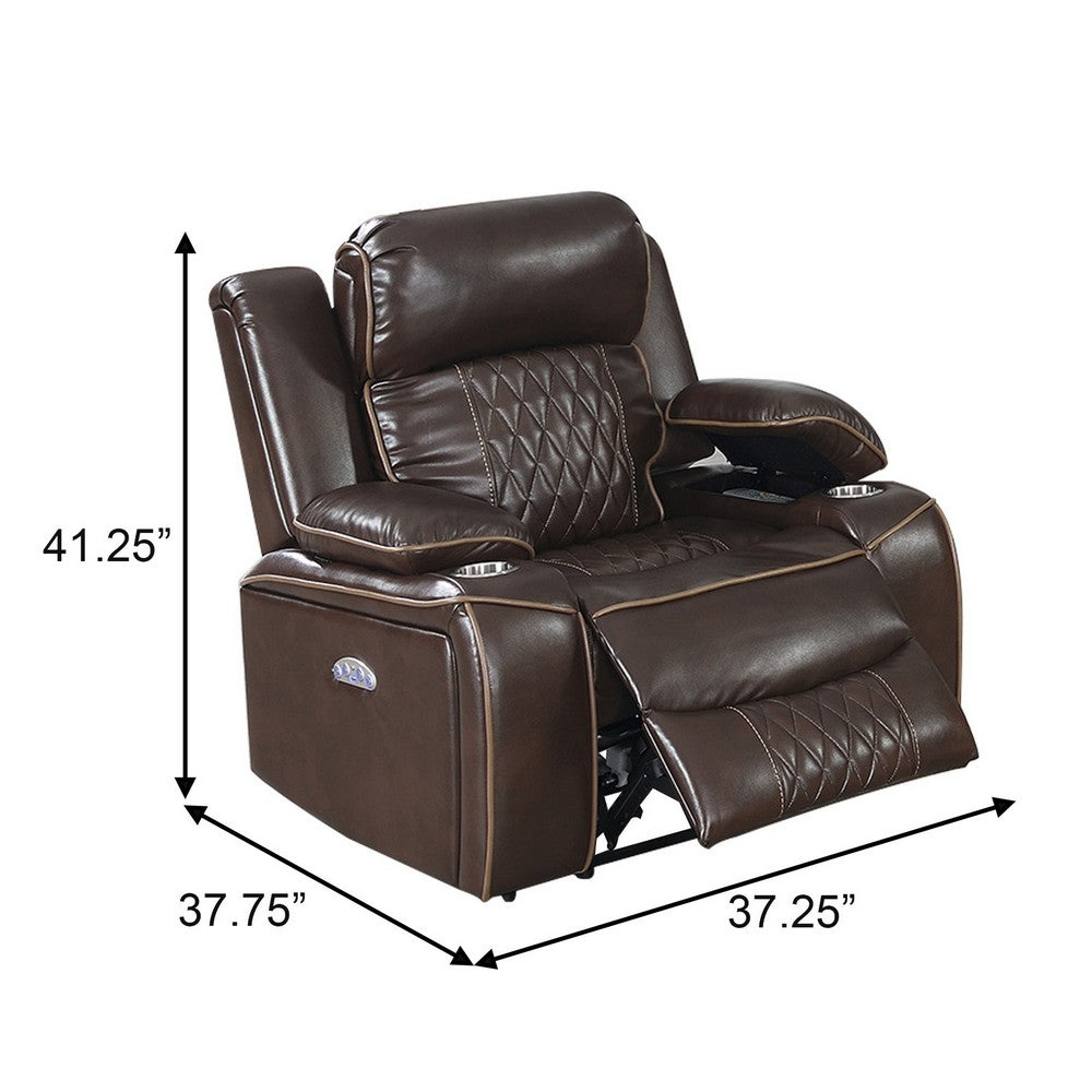 Benjara Xiu 38 Inch Power Recliner Chair, USB Port, Storage, Faux Leather, Brown