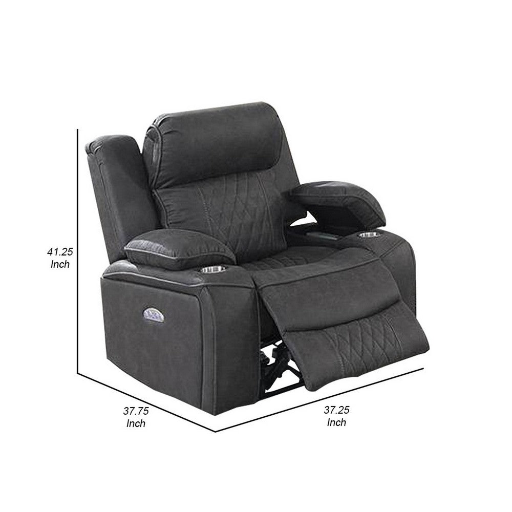 Benjara Xiu 38 Inch Power Recliner Chair, USB Port, Storage, Gray Faux Leather