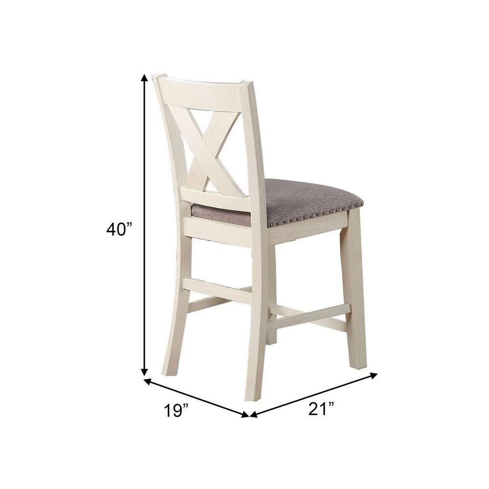 Benjara Joss 40 Inch Cottage Wood Counter Height Chair, Set of 2, Gray Seat, Cream