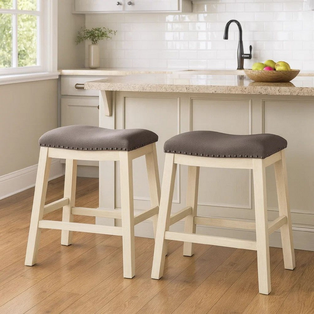 Benjara Joss 24 Inch Counter Stool, Gray Cushioning, Saddle Seat, Set of 2, Cream