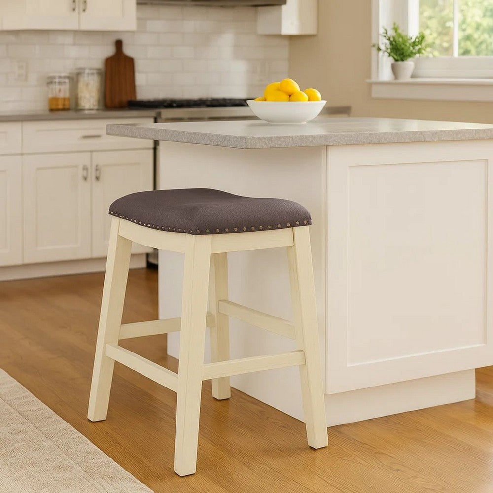 Benjara Joss 24 Inch Counter Stool, Gray Cushioning, Saddle Seat, Set of 2, Cream