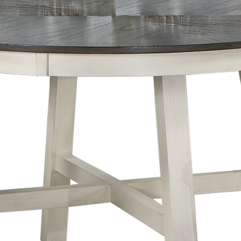 Benjara 48 Inch Round Dining Table, 2 Tone Dark Veneer Top, Crisp White Base