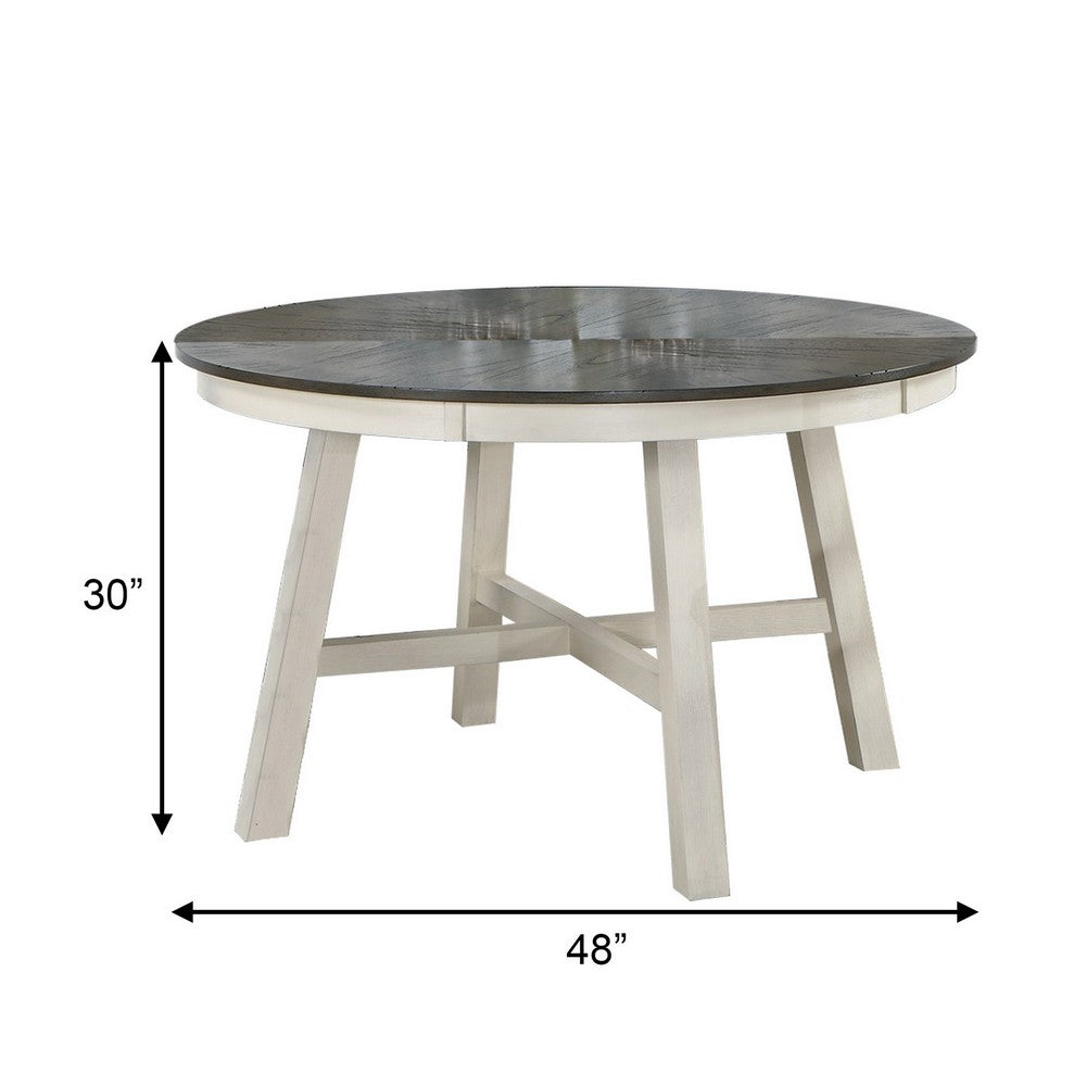 Benjara 48 Inch Round Dining Table, 2 Tone Dark Veneer Top, Crisp White Base