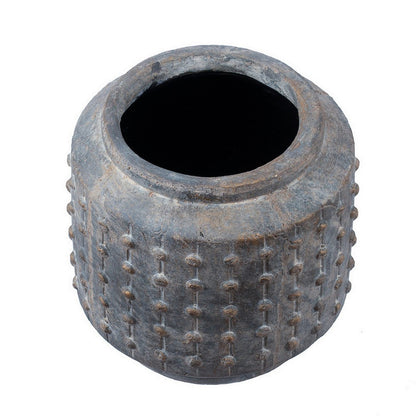 Benjara 8 Inch Ceramic Planter, Round Curved Bubbled Texture, Weathered Gray Finish