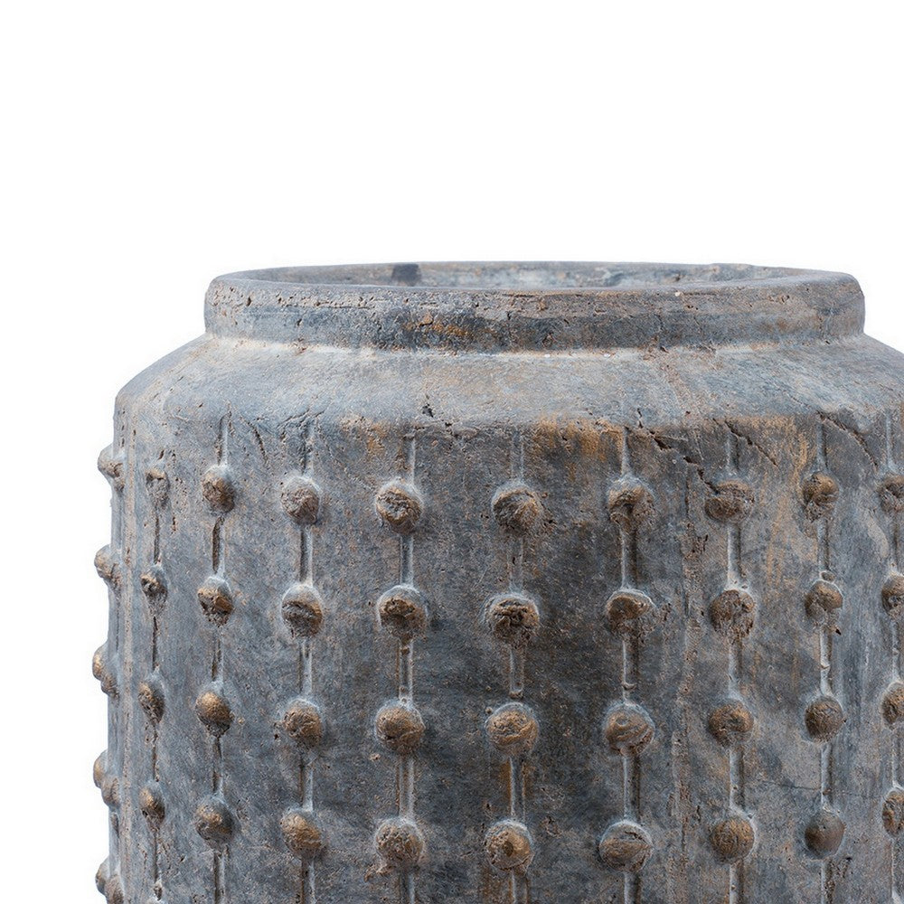Benjara 8 Inch Ceramic Planter, Round Curved Bubbled Texture, Weathered Gray Finish