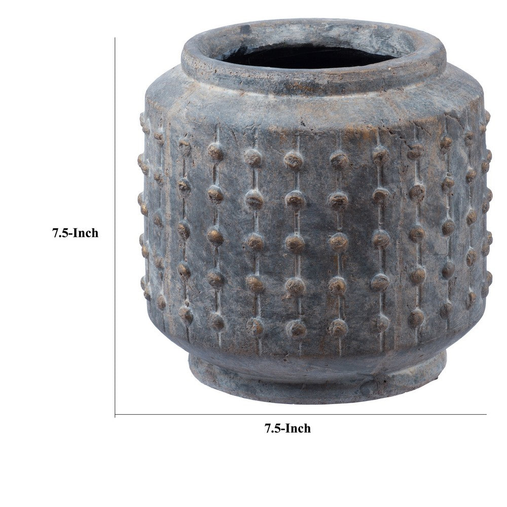 Benjara 8 Inch Ceramic Planter, Round Curved Bubbled Texture, Weathered Gray Finish