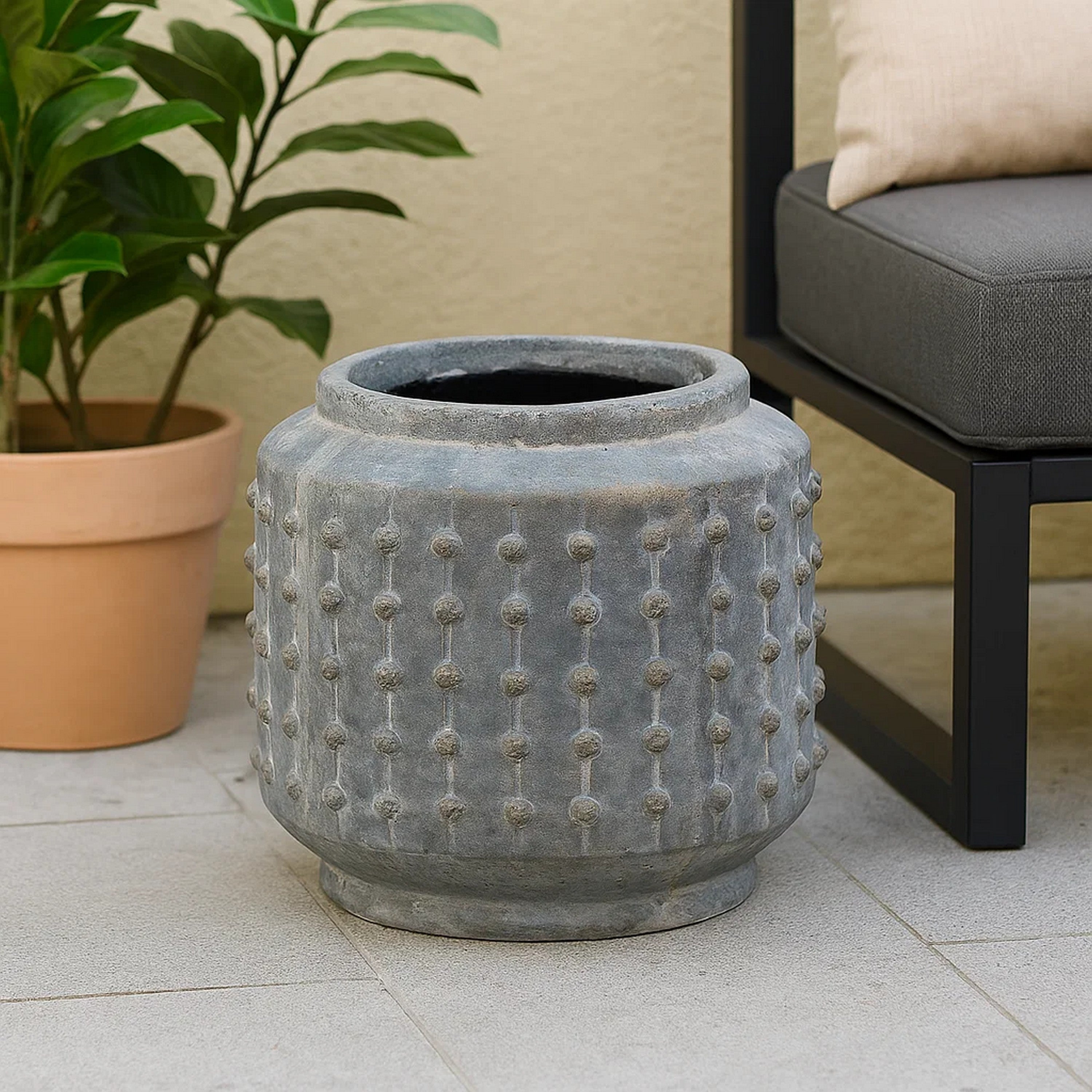 Benjara 8 Inch Ceramic Planter, Round Curved Bubbled Texture, Weathered Gray Finish