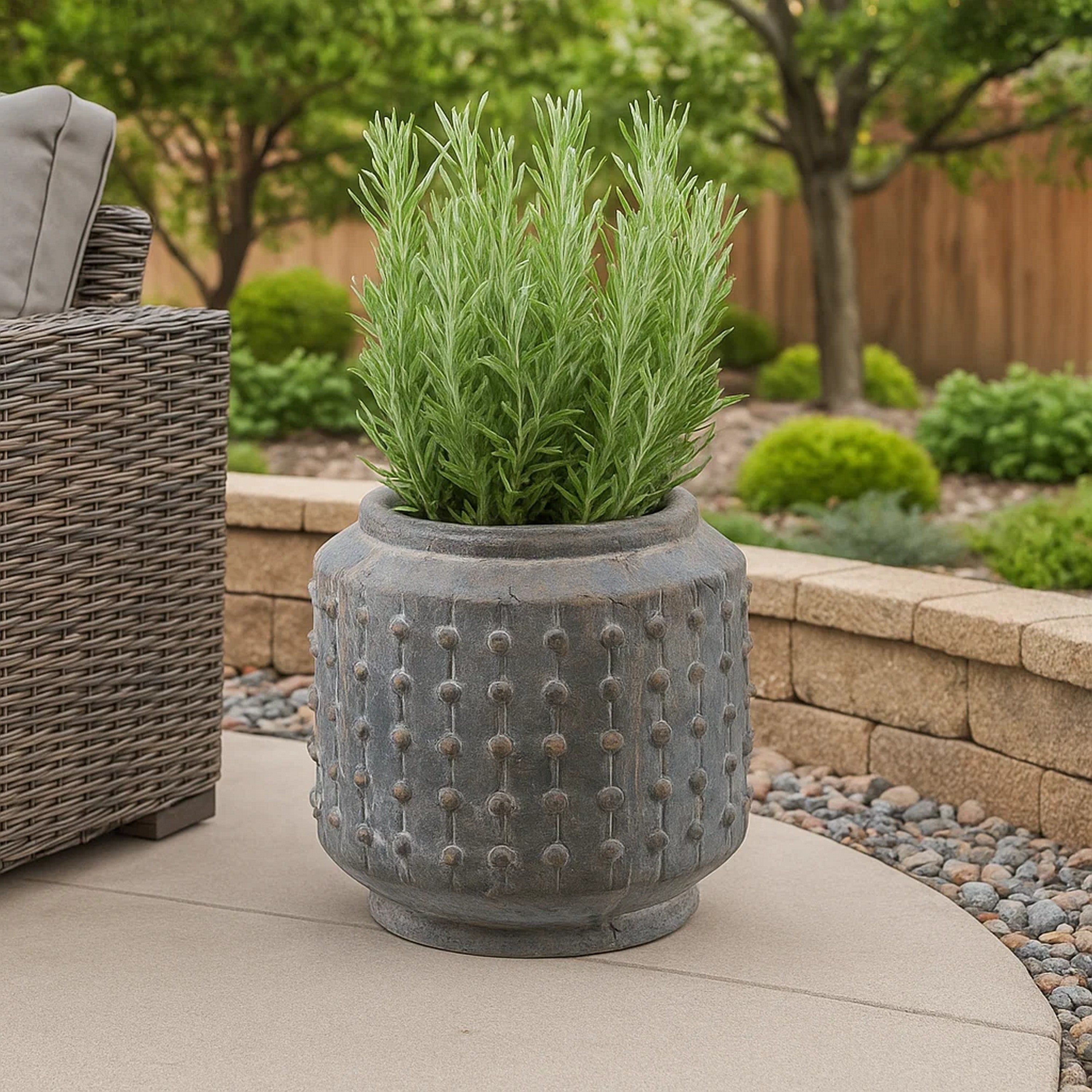 Benjara 8 Inch Ceramic Planter, Round Curved Bubbled Texture, Weathered Gray Finish