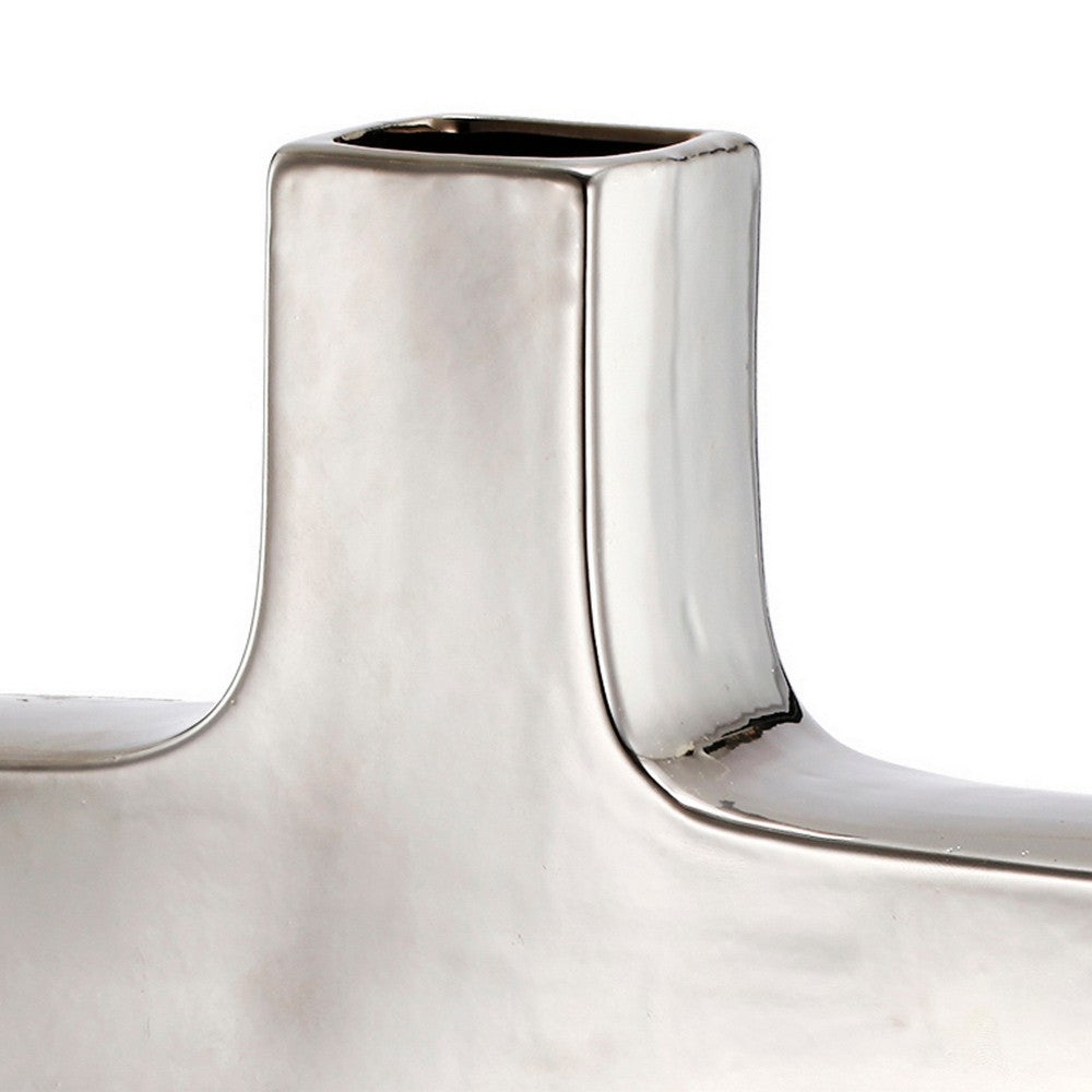 Benjara 16 Inch Modern Vase, Artisanal Keyhole Design, Metallic Silver Stoneware