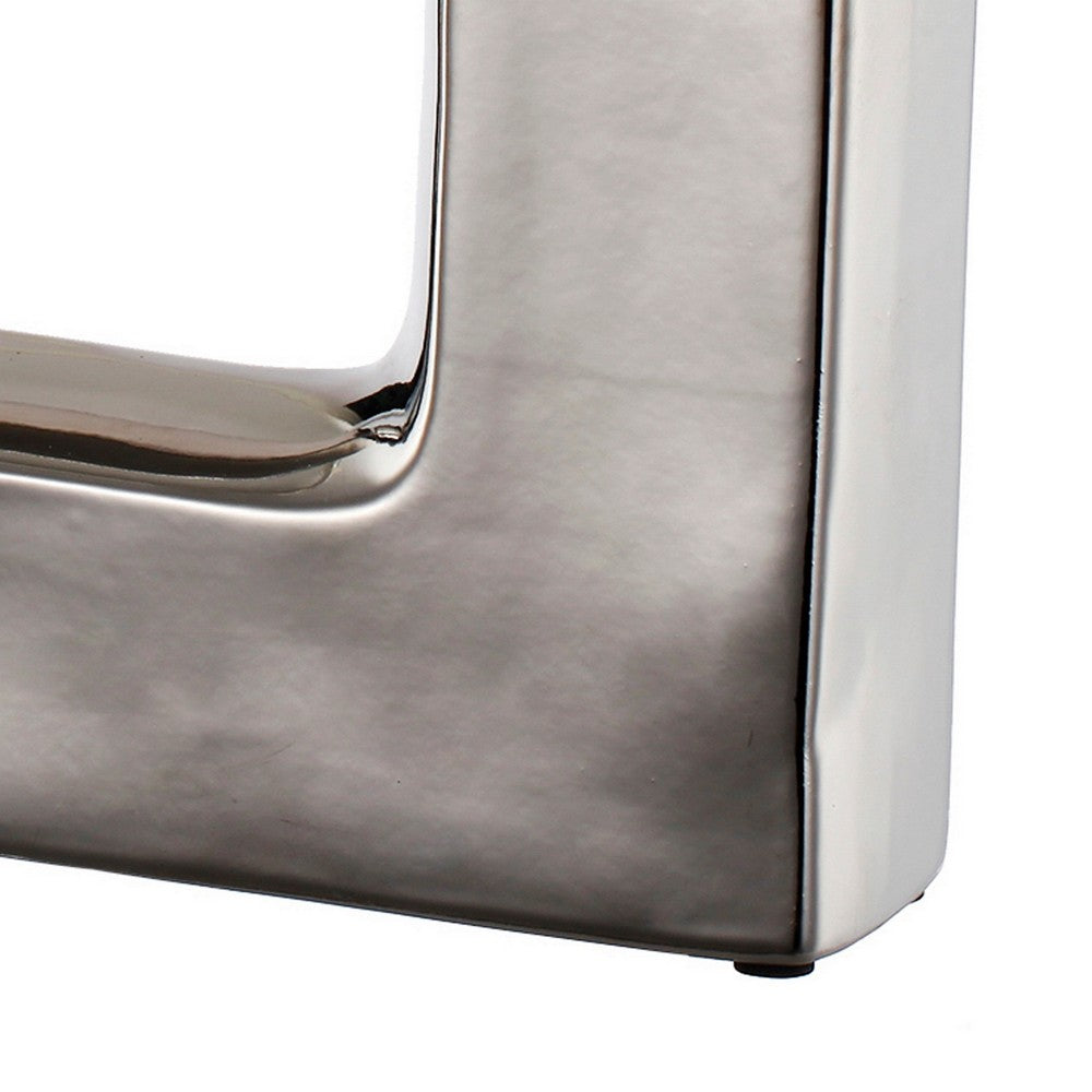 Benjara 16 Inch Modern Vase, Artisanal Keyhole Design, Metallic Silver Stoneware