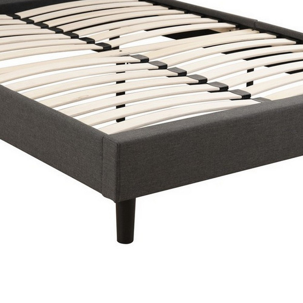 Benjara Rin Queen Size Platform Bed, Charcoal Gray Upholstery, Panel Headboard