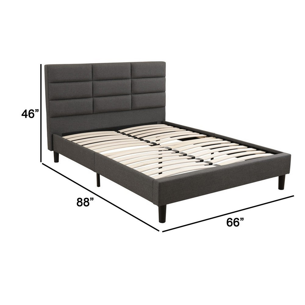 Benjara Rin Queen Size Platform Bed, Charcoal Gray Upholstery, Panel Headboard