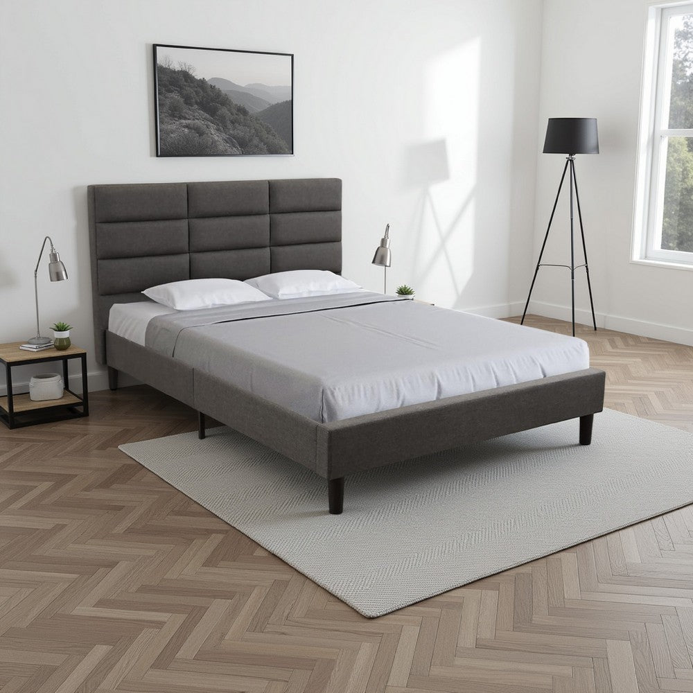 Benjara Rin Queen Size Platform Bed, Charcoal Gray Upholstery, Panel Headboard