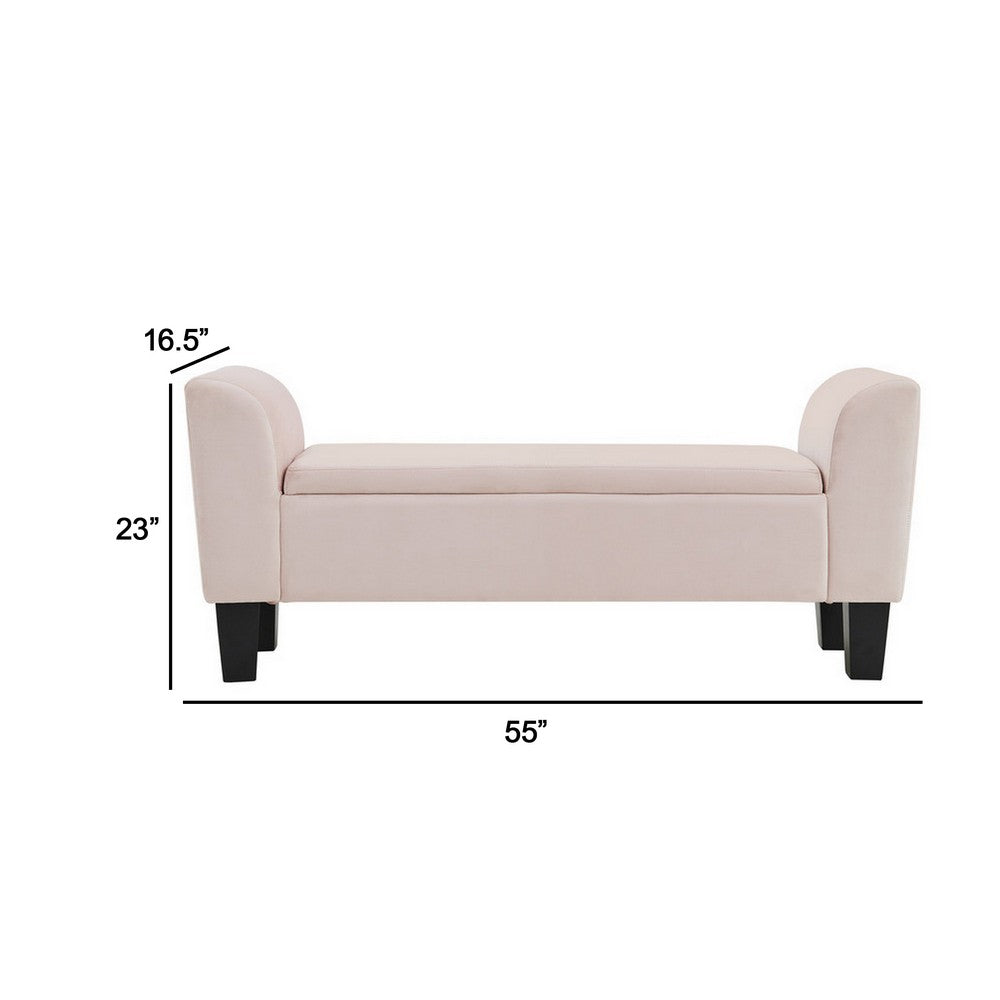 Benjara Cesar 55 Inch Ottoman Bench with Storage, Padded, Curved Arms, Pink Velvet