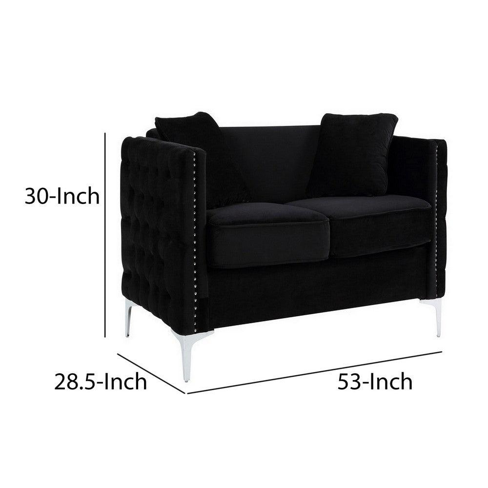 Benjara Zion 53 Inch Accent Loveseat, Handmade Nailhead Trim, Tufted, Black Velvet