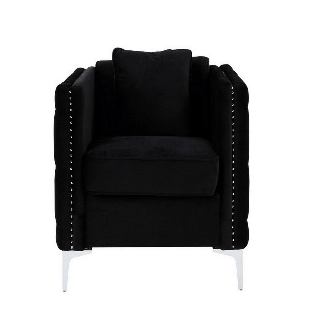 Benjara Zion 34 Inch Accent Chair with Throw Pillow, Handmade Tufted, Black Velvet