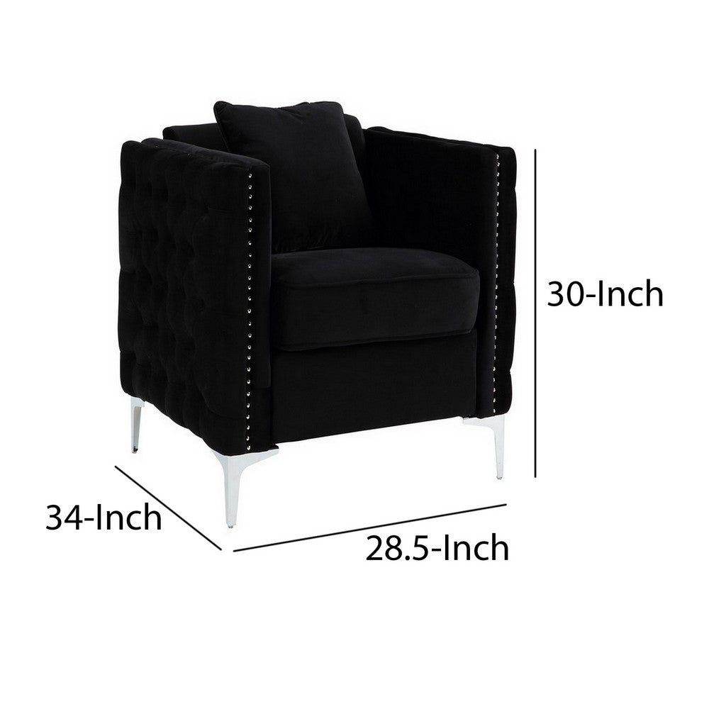 Benjara Zion 34 Inch Accent Chair with Throw Pillow, Handmade Tufted, Black Velvet